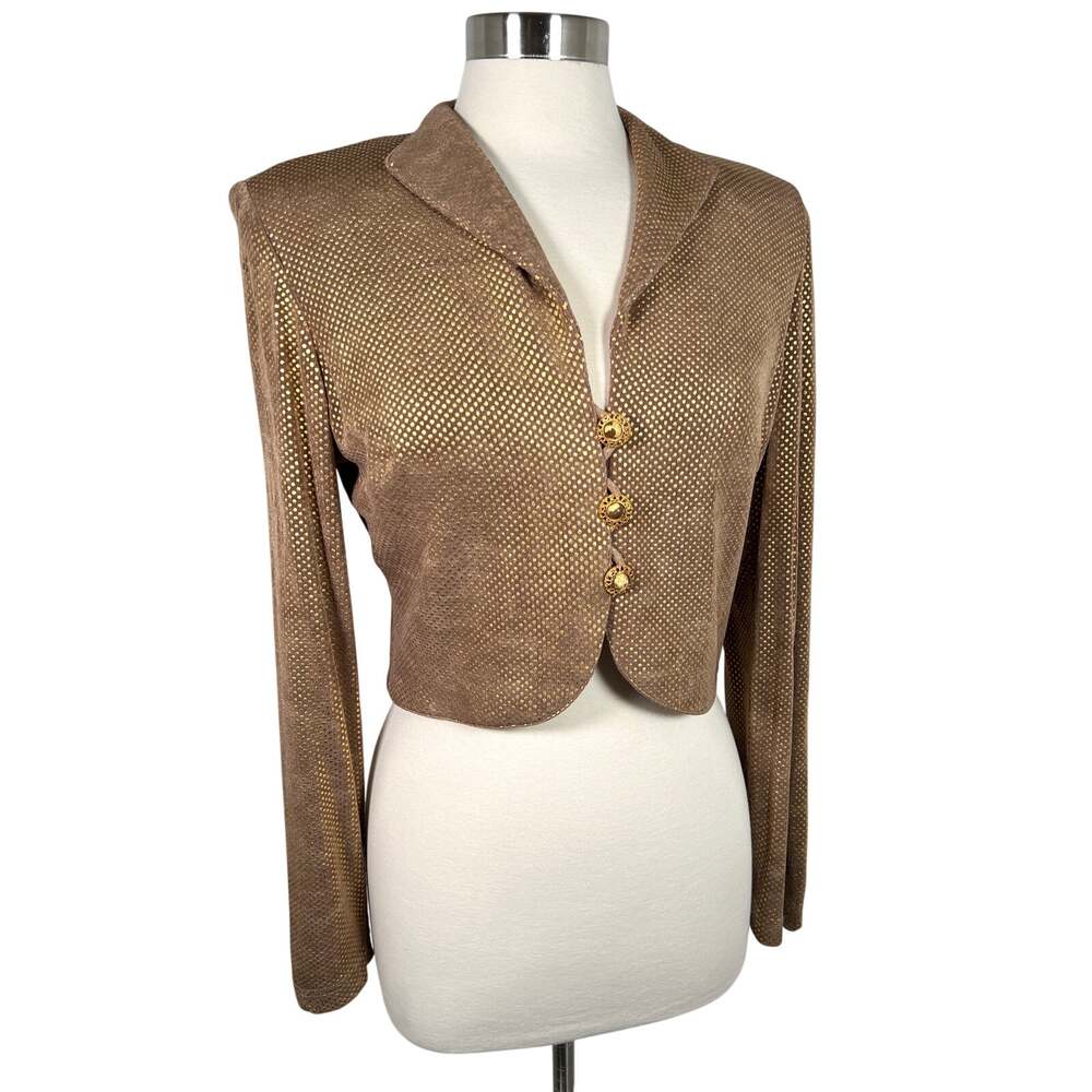 Vintage Platinum by Dorothy Schoelen Crop Blazer Jacket Metallic Gold Dot Brown